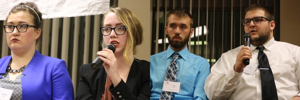 <p>Candidates for the President/Vice President position&nbsp;speak at a Campus Center Event.&nbsp;From left: Brenna Helm, Bethany Blinksky, Tyler Baker, Alex Scotton.</p>