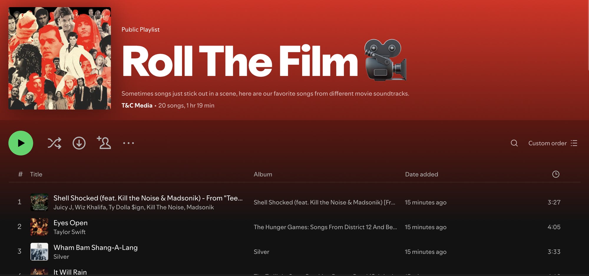 Screenshot of the Spotify platform with the T&C Media's "Roll The Film" playlist featured, showing three songs from the playlist at the top. 