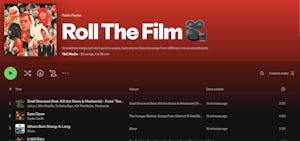 Screenshot of the Spotify platform with the T&C Media's "Roll The Film" playlist featured, showing three songs from the playlist at the top.