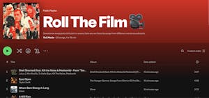 Screenshot of the Spotify platform with the T&C Media's "Roll The Film" playlist featured, showing three songs from the playlist at the top. 