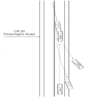 A representation of the accident that killed two motorists including Otterbein student Patrick Cleary. Cleary's car is shown striking the other vehicle then drifting off of the road. This illustration was taken from Ohio State Highway Patrol's crash report #23-0137-23.