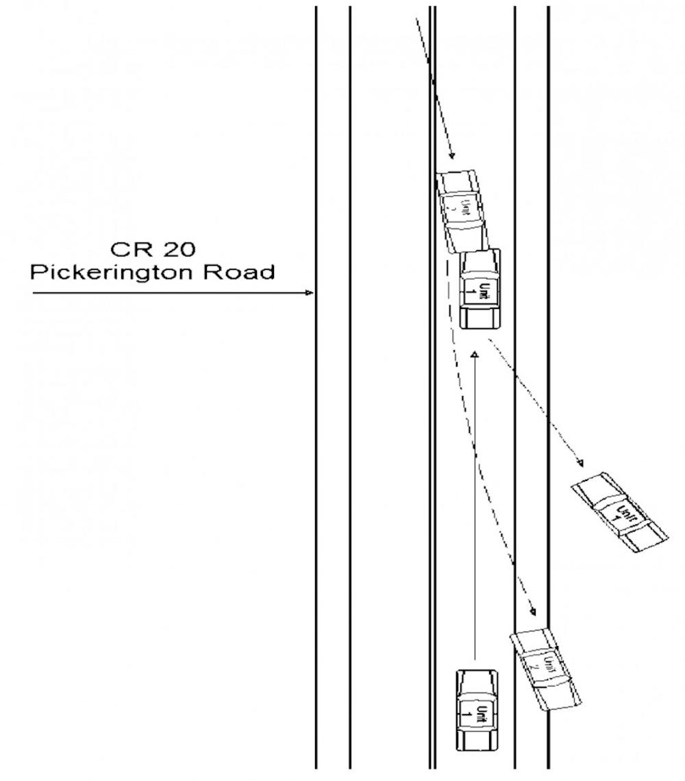 <p>A representation of the accident that killed two motorists including Otterbein student Patrick Cleary. Cleary's car is shown striking the other vehicle then drifting off of the road. This illustration was taken from Ohio State Highway Patrol's crash report #23-0137-23.</p>