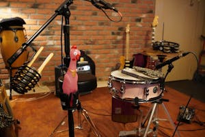 Instrumental set on a stage with a pink squeaky chicken toy attached to a microphone.