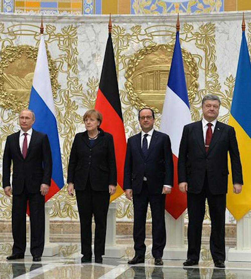 <p>Leaders from Russia, Germany, France and Ukraine met last week to settle terms of a peace agreement between pro-Russian rebels and the Ukrainian army. <em>(</em><em>Kremlin.ru [CC BY 3.0 (http://creativecommons.org/licenses/by/3.0)], via Wikimedia Commons)</em></p>