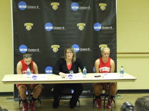 	Senior Allie Leopard, Coach Richardson, and senior Hannah Day during the team&#8217;s post-game press conference. 