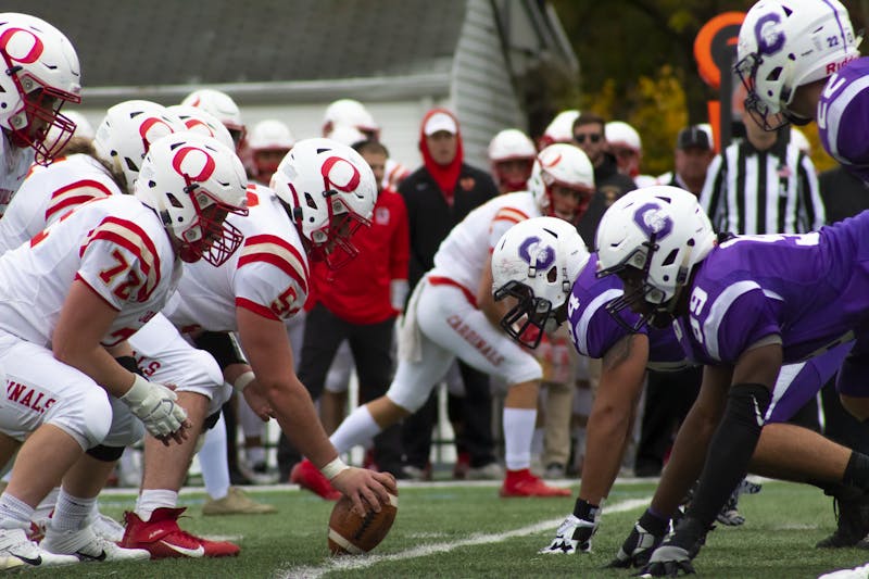 Otterbein football rushed for nearly 200 yards and four touchdowns behind their offensive line led by offensive captains Winston Spiker (#55) and Anthony Andrews (#62).&nbsp;