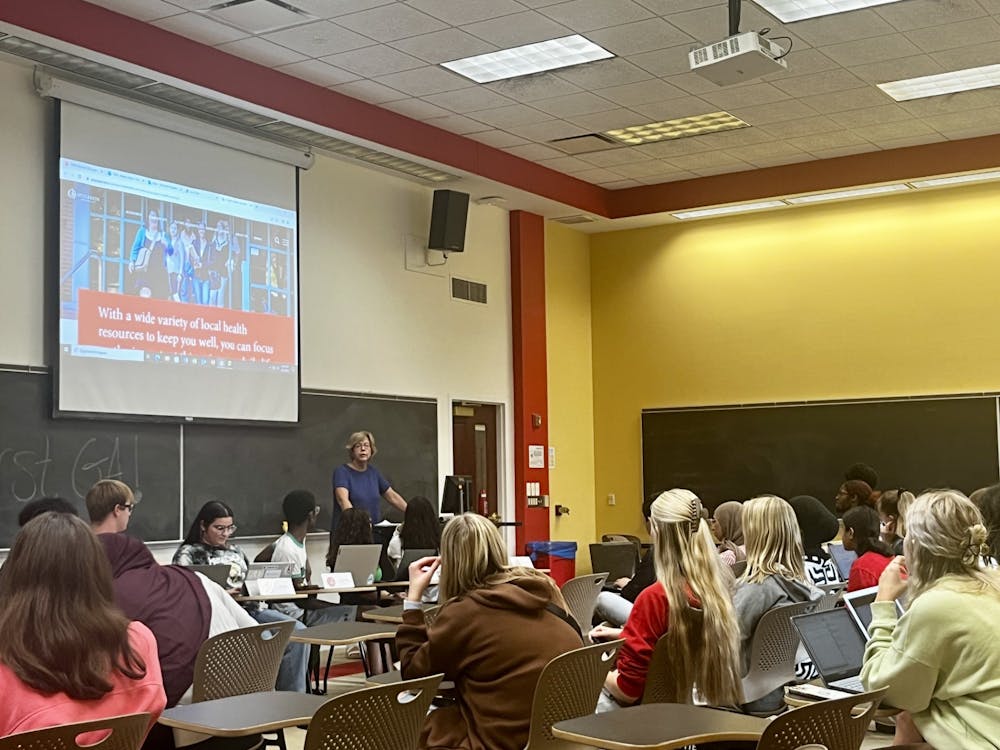 <p>Guest speaker from Otterbein Health Services department discussing different ways to improve the availability of medical services to students.</p>