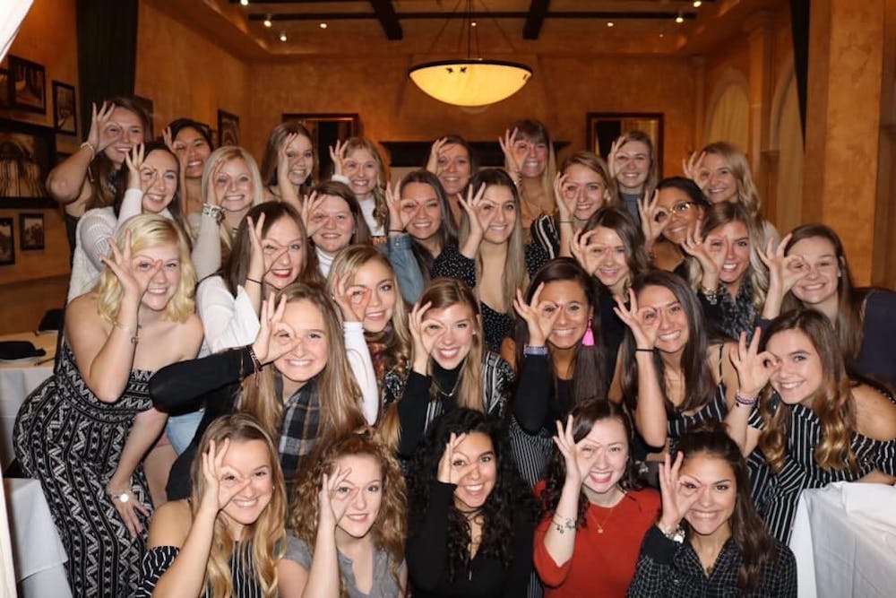 <p>Lefkovitz poses with Sigma Alpha Tau sorority sisters at fall 2018 activiation lunch</p>