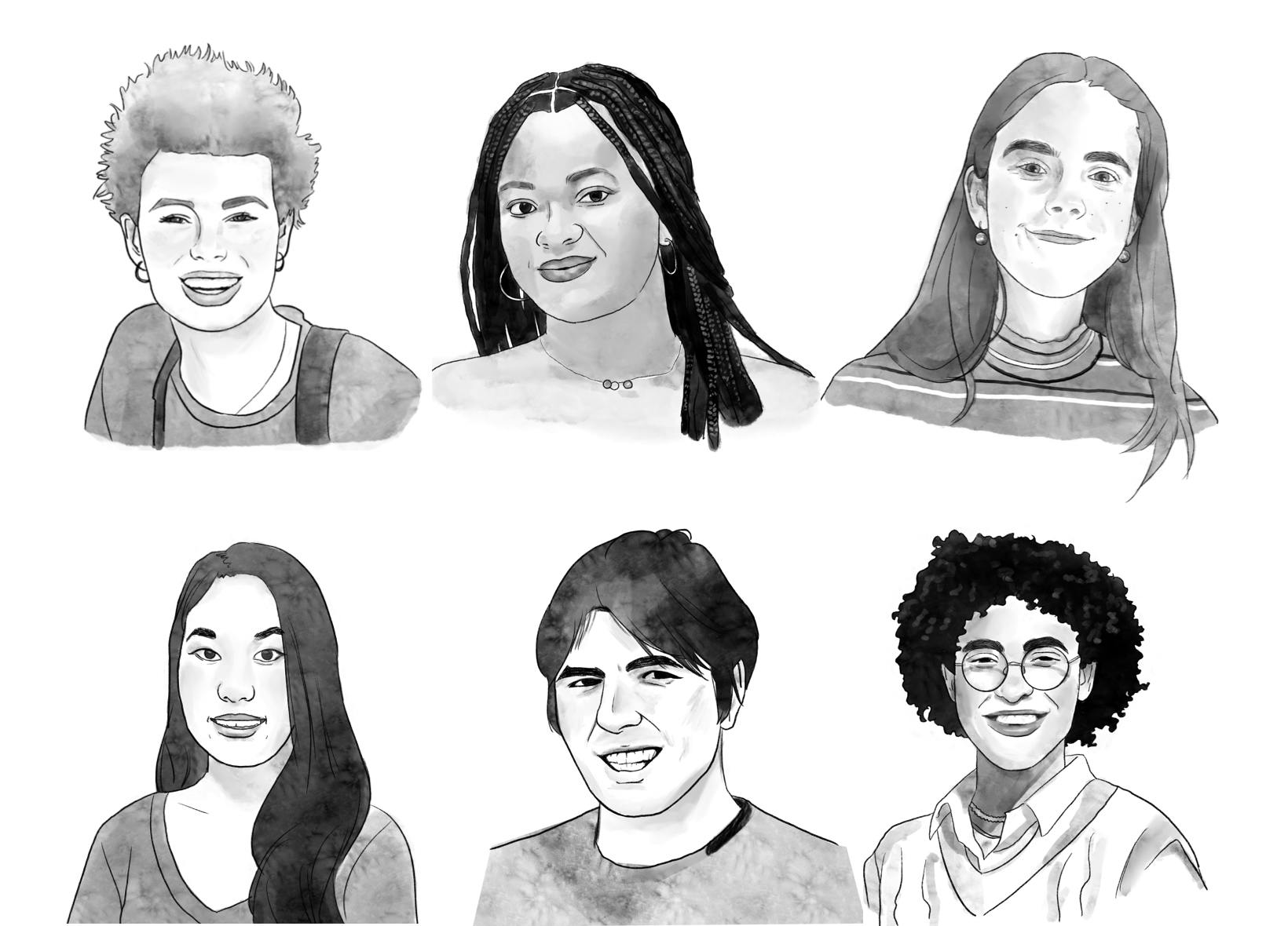 Six black and white cartoons of various columnists. There are three columnists on the top and three on the bottom. All are smiling or smirking.