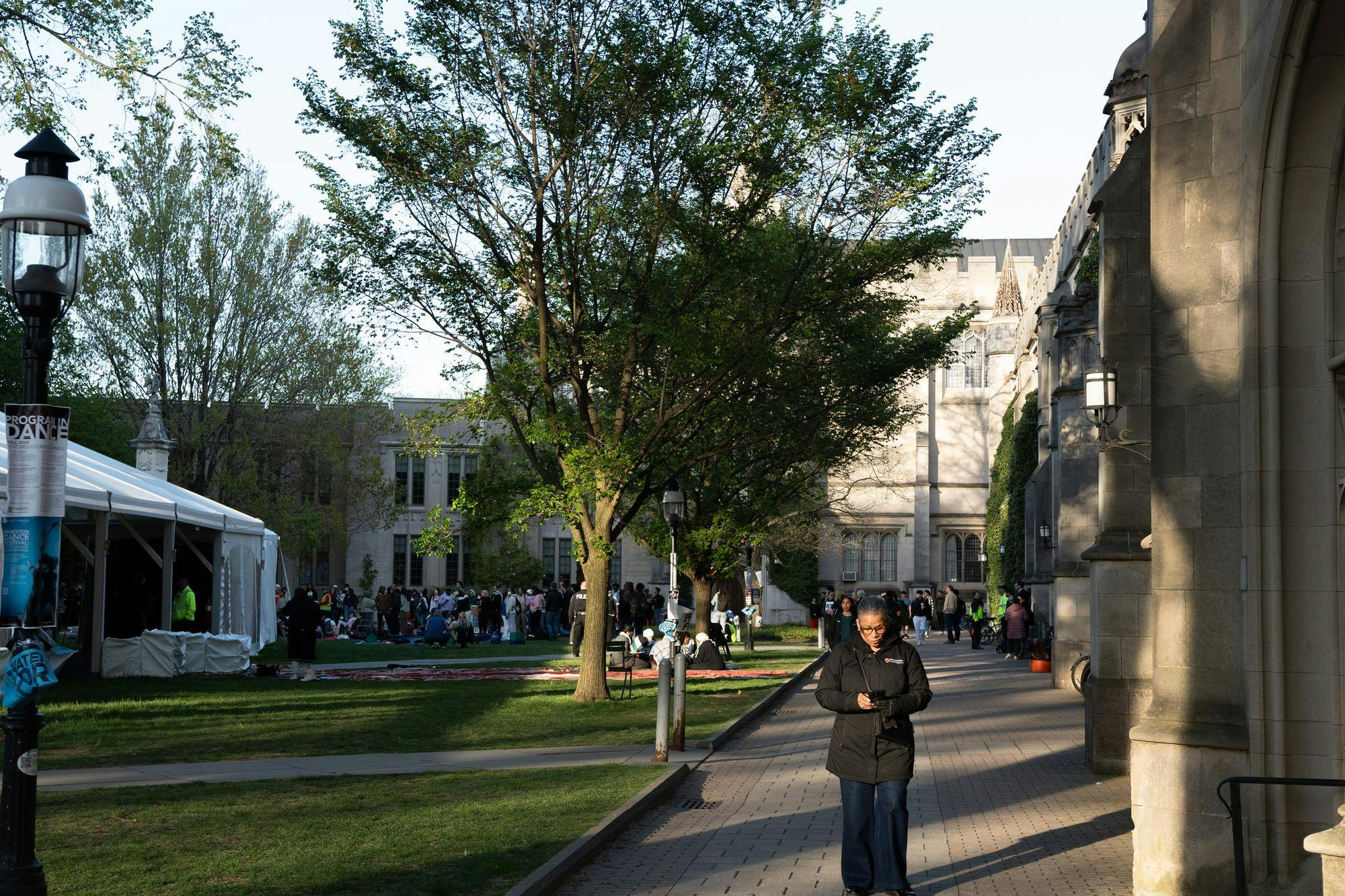 There is a group of protestors in the background. In front of them is grass and to the side is a woman walking on her phone.