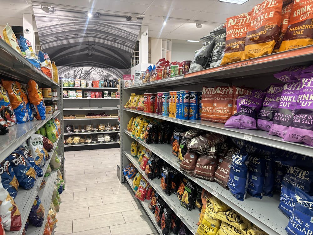 Bags of chips adorn gray shelves of store. 