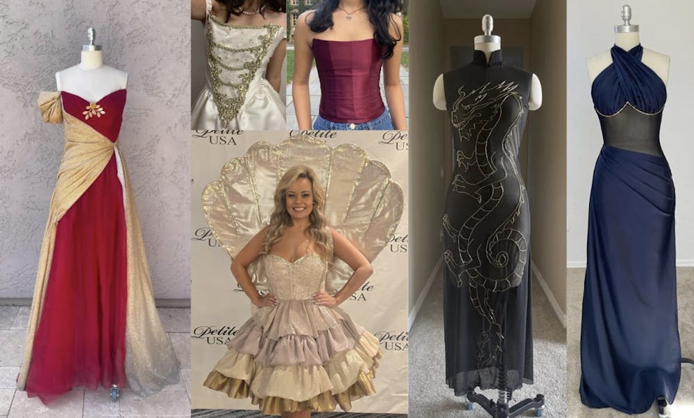 A collage of pictures includes multi-colored dresses.