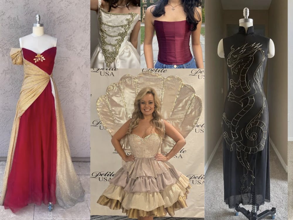 A collage of pictures includes multi-colored dresses.