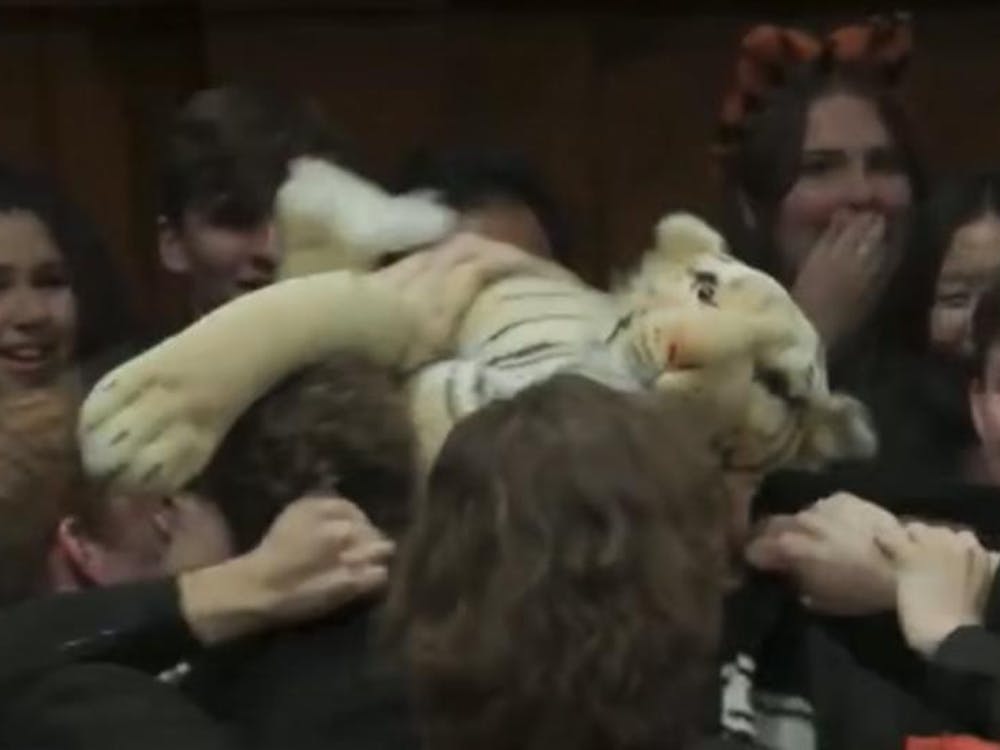 Students wearing all black fighting over a stuffed tiger. Students have shocked faces in the background. 