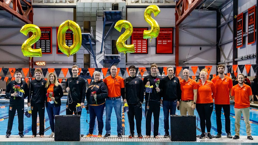 <h5>Seniors of the men’s swimming and diving team celebrating their final home meet.&nbsp;</h5>
<h6>Courtesy of goprincetontigers</h6>