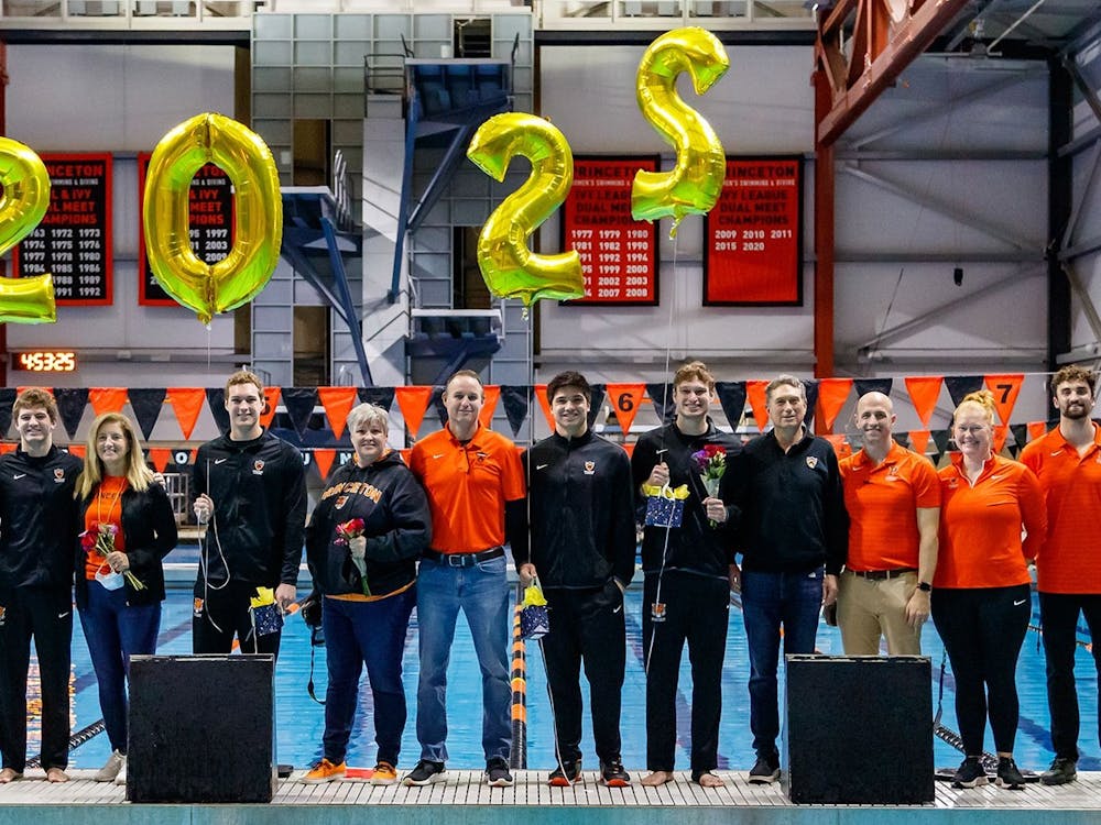 Seniors of the men’s swimming and diving team celebrating their final home meet.&nbsp;
Courtesy of goprincetontigers