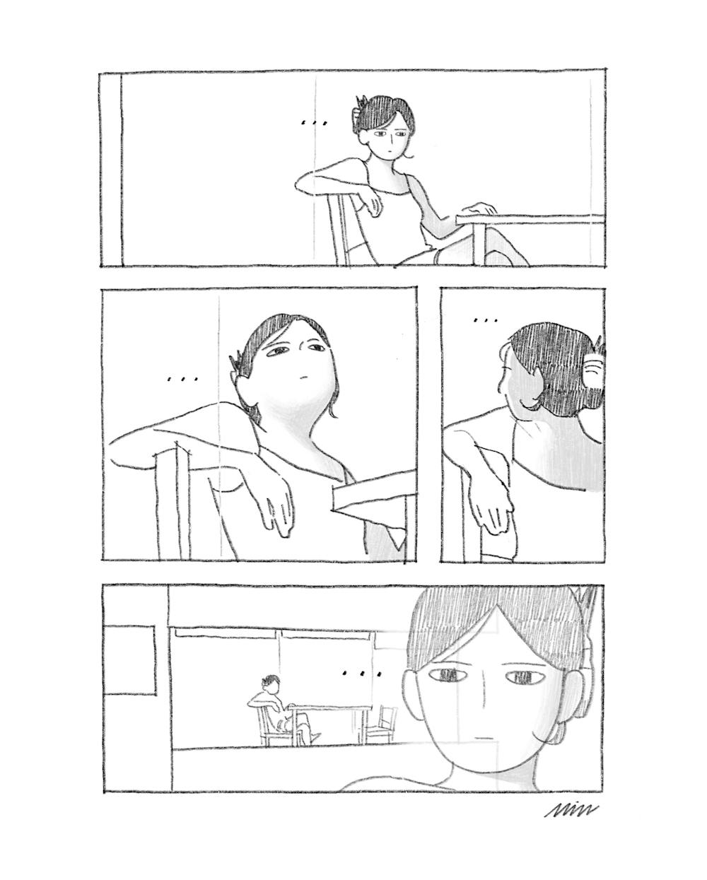 A four panel black and white sketched cartoon by Senior Cartoonist Paige Min titled Senioritis. The top panel shows a girl with dark hair in a bun sitting at a table staring off into space with an ellipsis next to her head. The next panel shows her doing the same looking up. The final panel shows her face, semi-transparent and zoomed in, on the right with a zoomed out view of her at the table in the background.