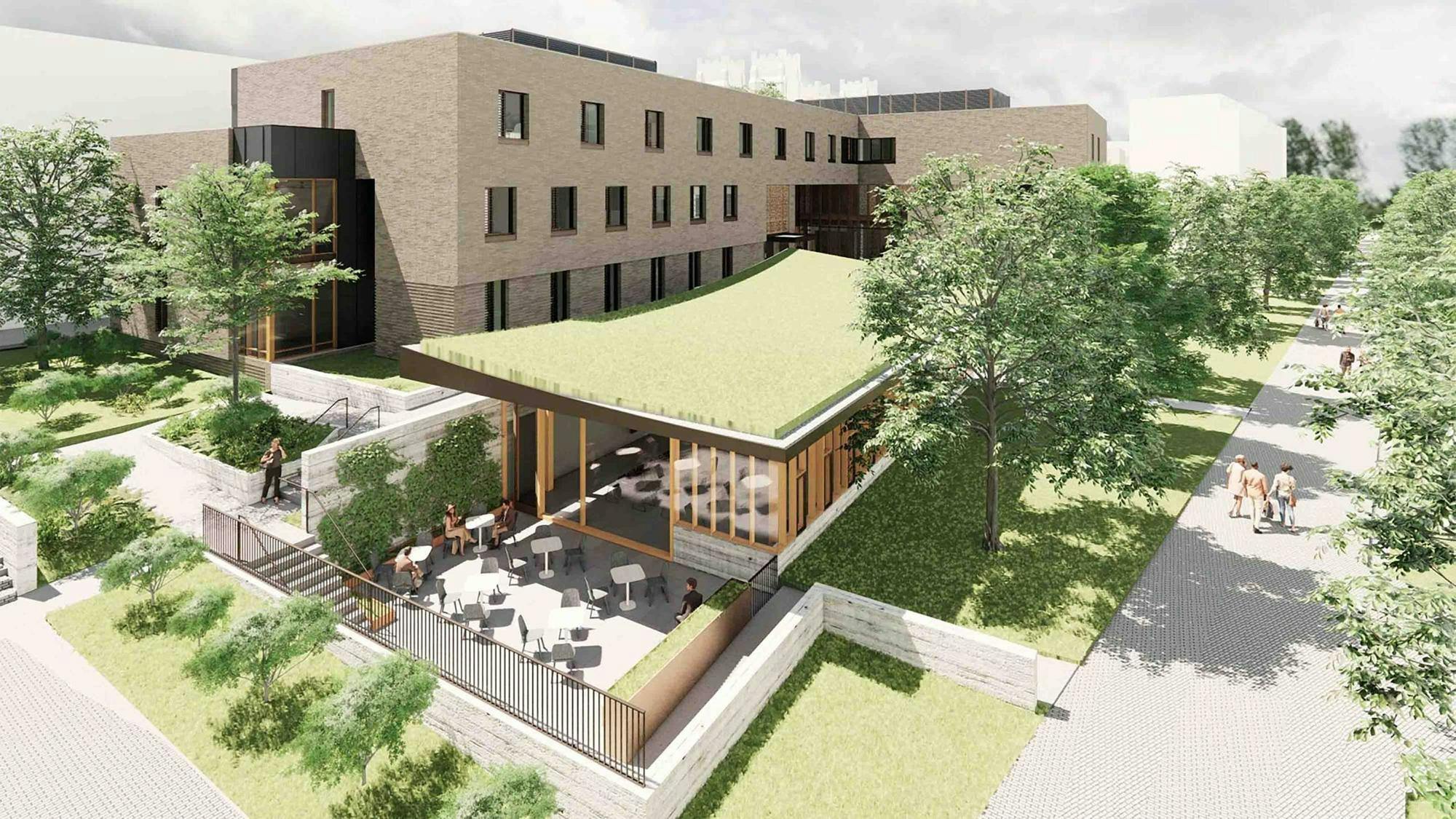 A rendering of a beige stone building, lined with trees and student walkways.