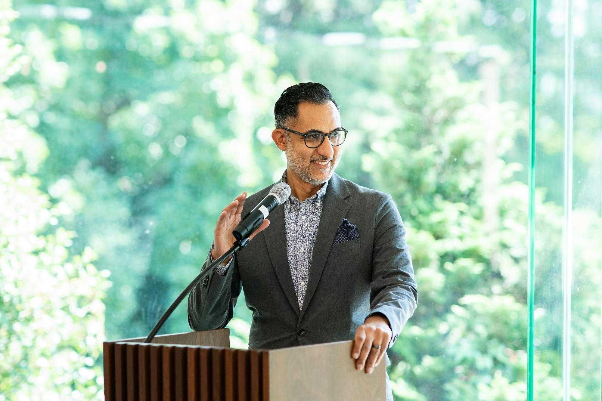 A man with a salt-and-pepper beard, dark hair, and glasses stands before a microphone on a podium, smiling. He wears a grey suit and behind him is a blurred glass window revealing outdoor greenery. 