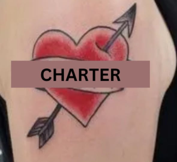 A photo of a tattoo of a heart with an arrow through it and the word "charter" photoshopped on top of it.