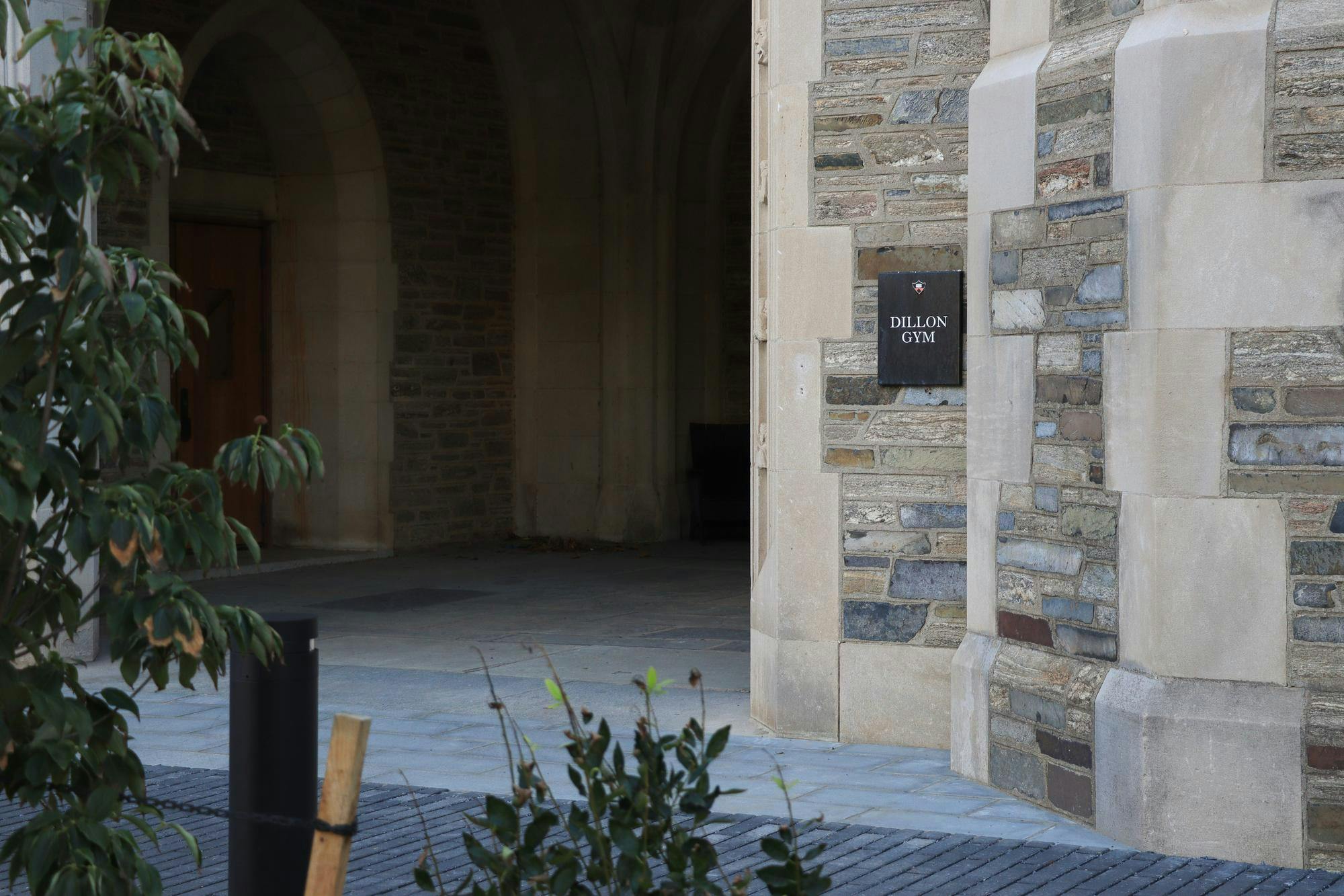 A stone brick wall takes up the right half of the photo, with a Dillon Gym sign. 