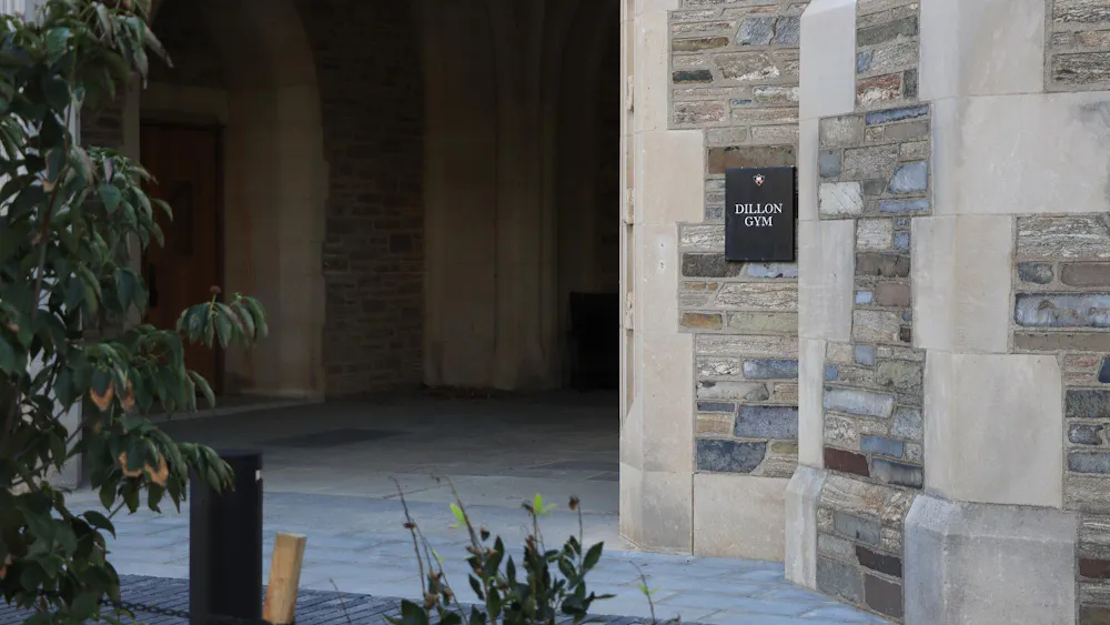 A stone brick wall takes up the right half of the photo, with a Dillon Gym sign.