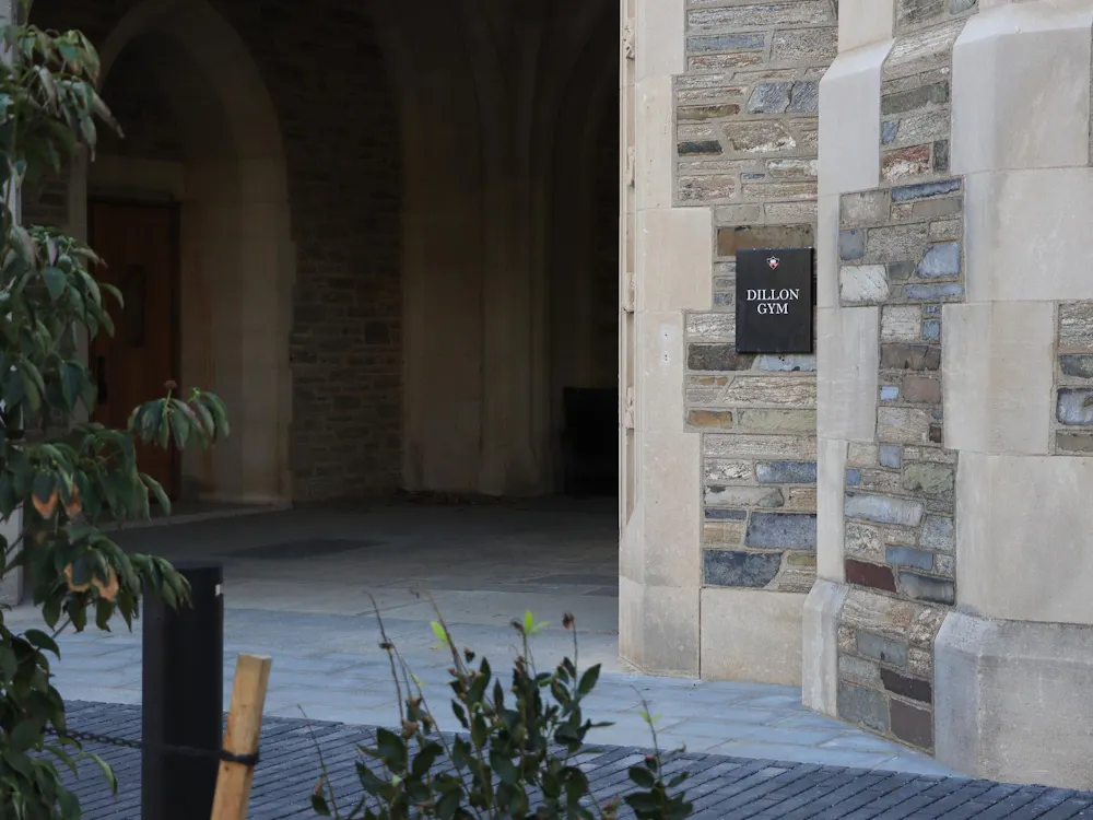 A stone brick wall takes up the right half of the photo, with a Dillon Gym sign.