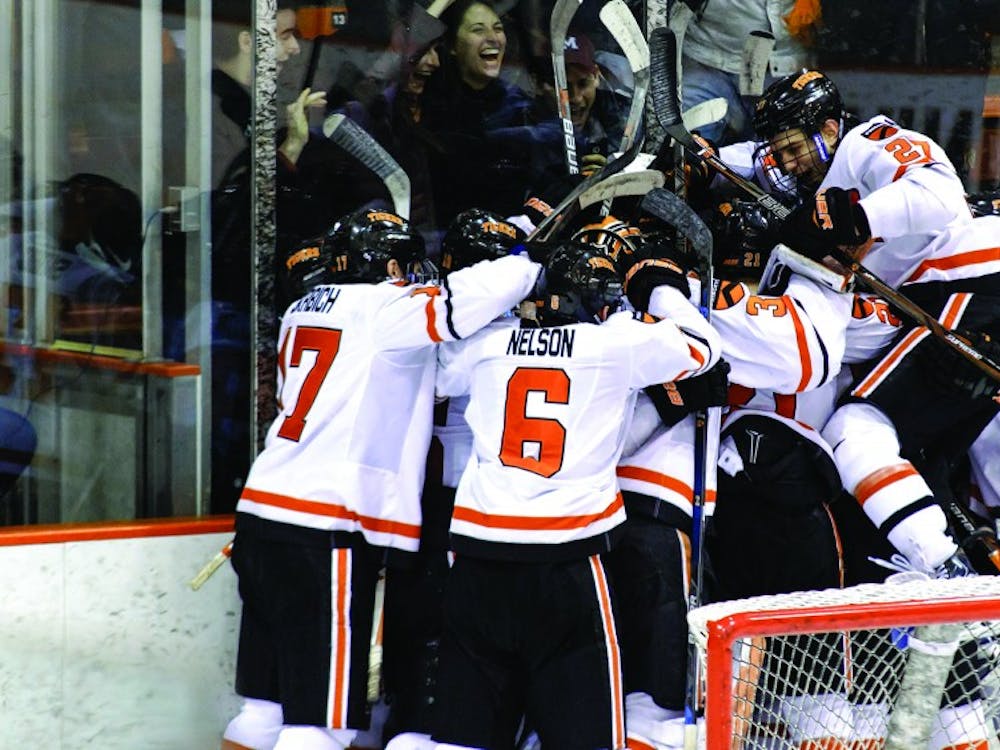 Princeton Hockey Players Celebrate after a Win