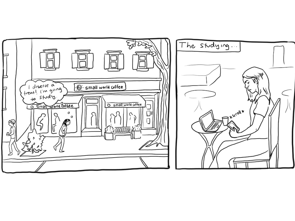 A girl walks along the street towards Small World Coffee and thinks to herself: I deserve a treat! I'm going to study. The next panel is labeled "The studying..." and shows the girl scrolling on her phone instead of working on the computer in front of her.  