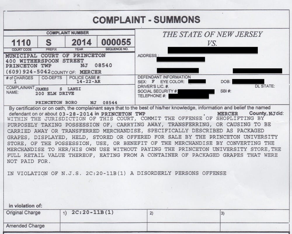  A copy of the summons issued against a University student for allegedly stealing grapes from the U-Store