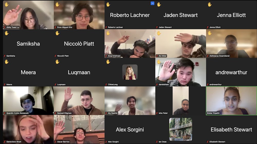 People raise their hands on a video conference call screen.