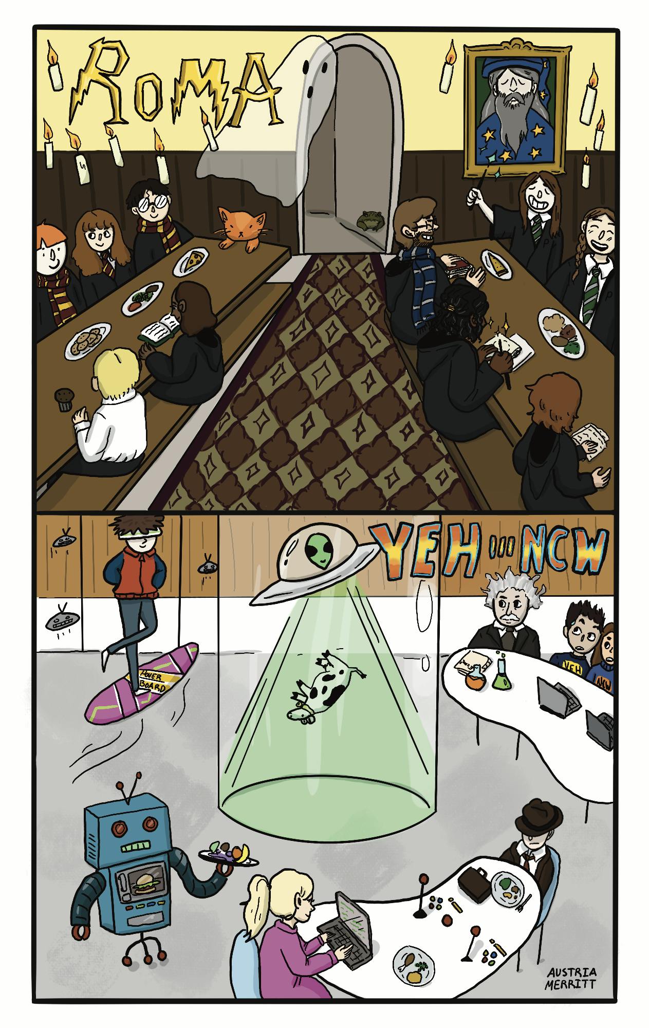 Panel 1: ROMA (in Harry Potter font). The dining hall is filled with Harry Potter characters and Princeton students dressed like wizards. Panel 2: YEH-NCW (in Back to the Future font). There is an alien in the center/outside circular room. A guy is flying on a hoverboard and there are robots. Einstein is sitting next to two Princeton students. The next table over has Barbie and Oppenheimer.