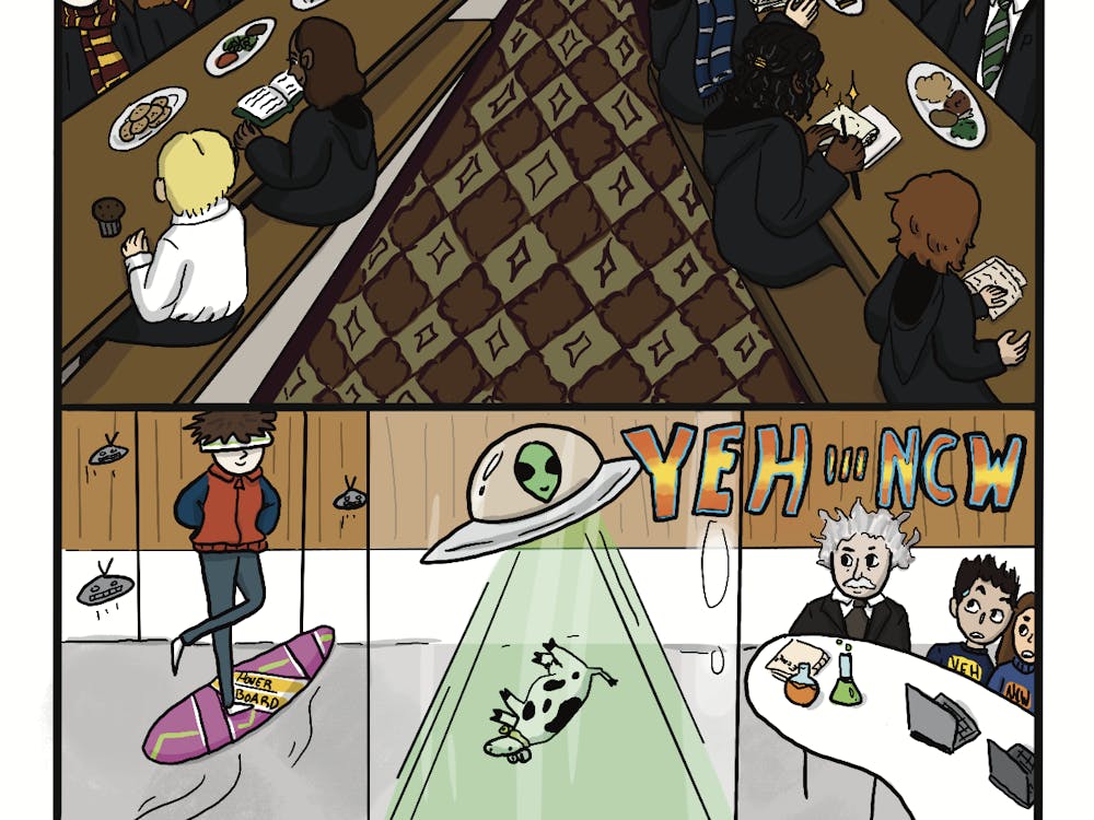 Panel 1: ROMA (in Harry Potter font). The dining hall is filled with Harry Potter characters and Princeton students dressed like wizards. Panel 2: YEH-NCW (in Back to the Future font). There is an alien in the center/outside circular room. A guy is flying on a hoverboard and there are robots. Einstein is sitting next to two Princeton students. The next table over has Barbie and Oppenheimer.