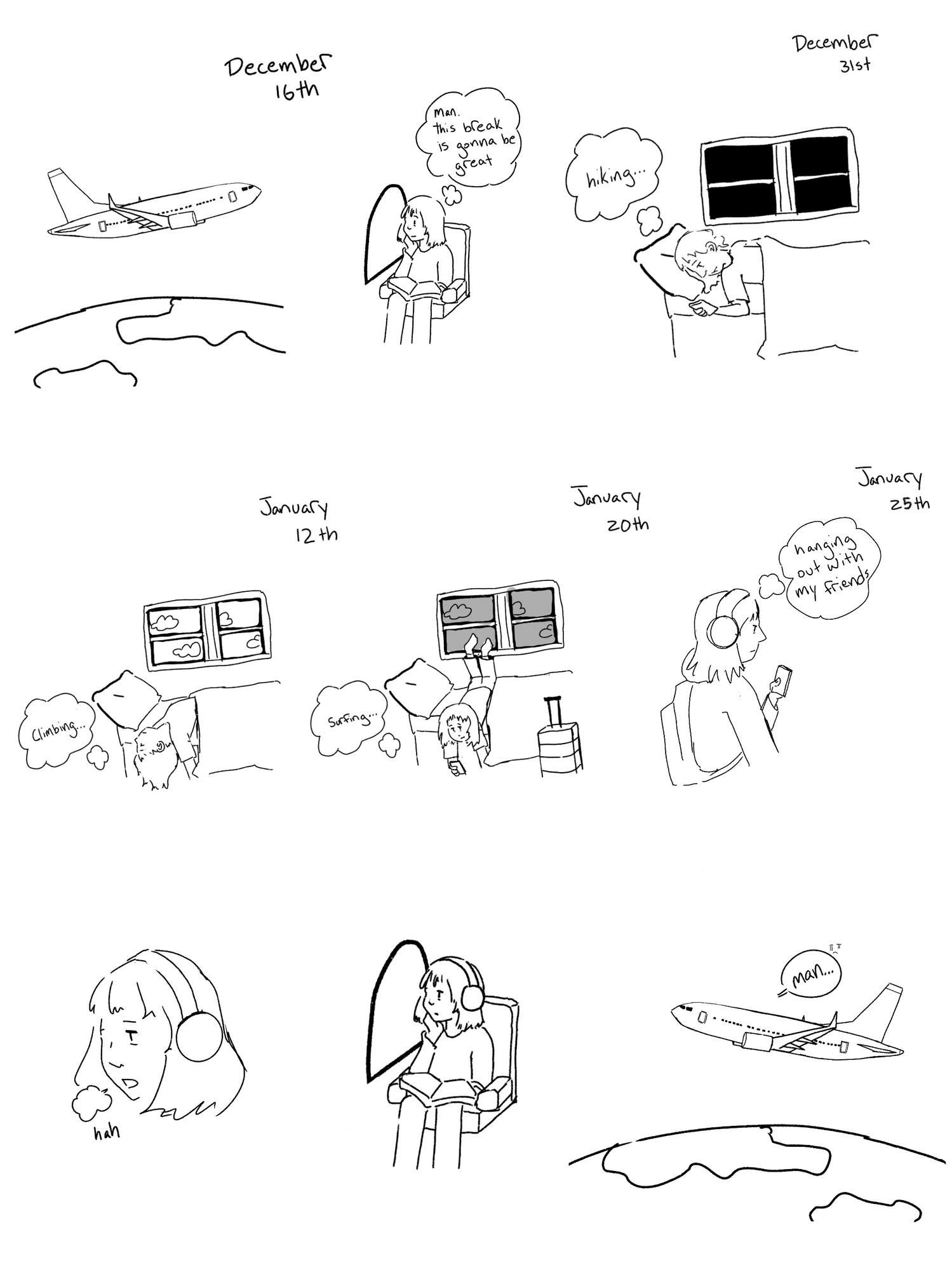 Girl goes back for winter break expecting to do lots of fun activities, but ends up sadly spending all her time on her phone doing none of the things she dreamed of.