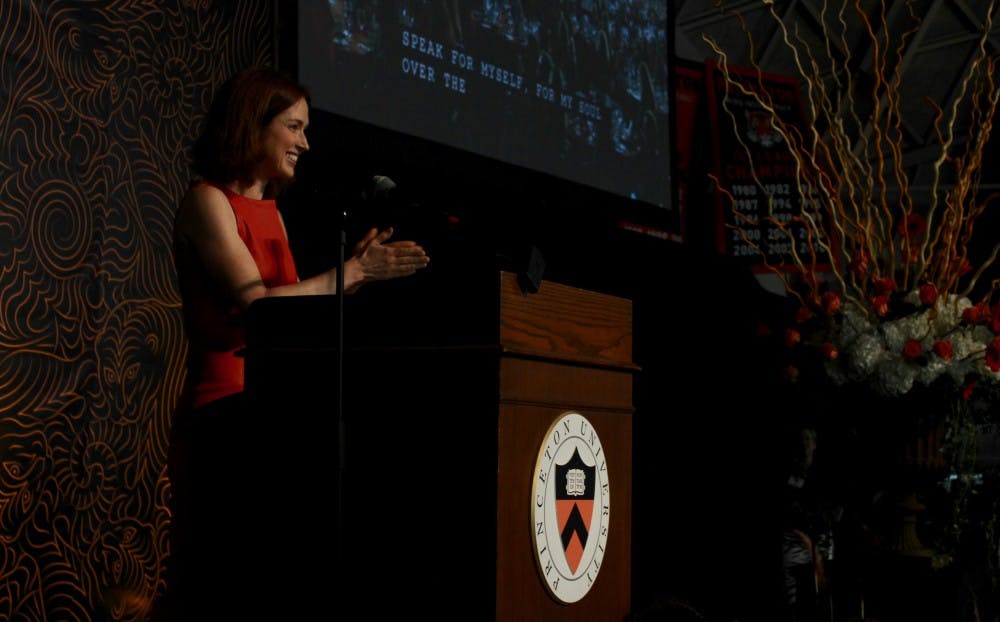 Ellie Kemper speaks at the closing dinner for Princeton's "She Roars" conference.