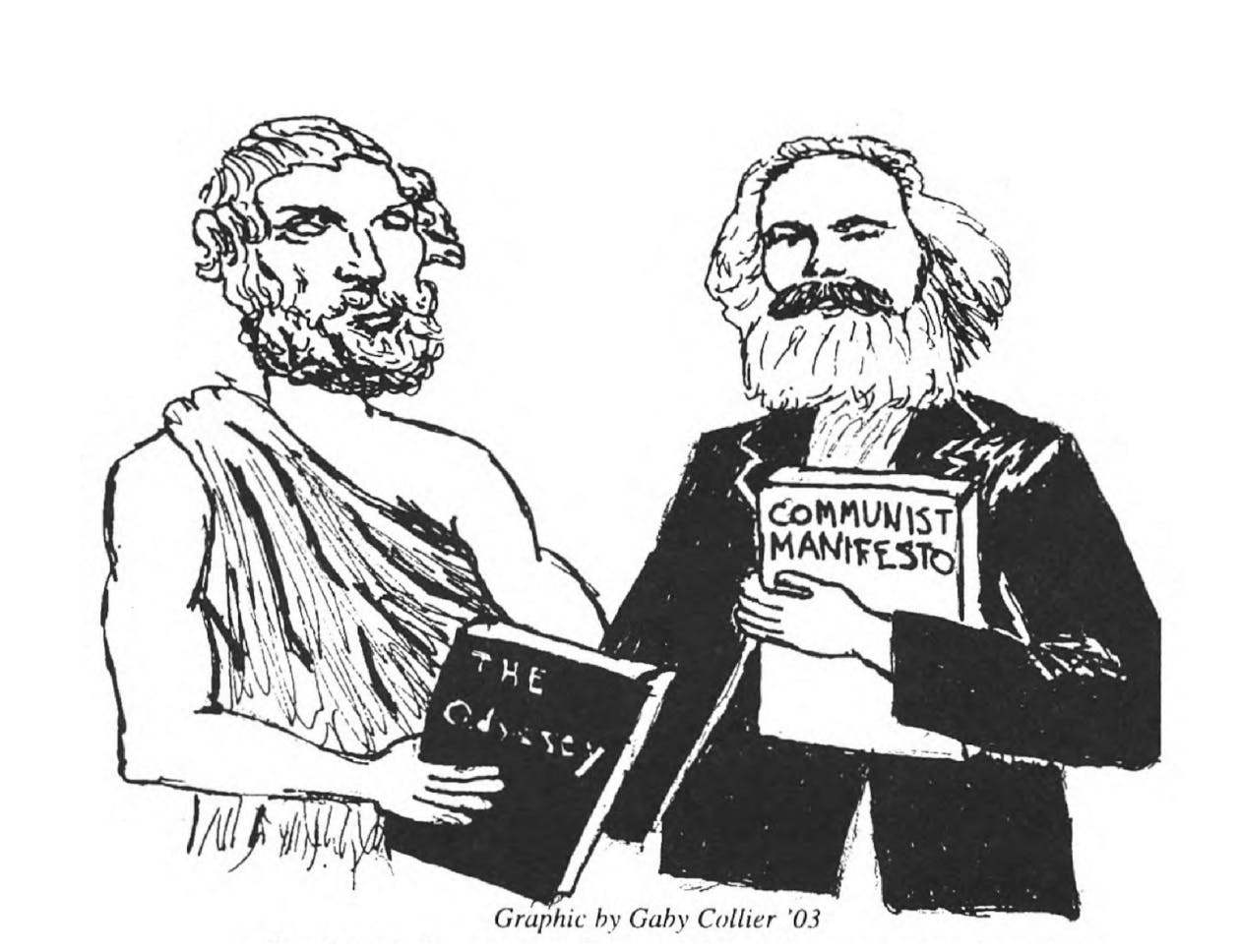 An illustration of Homer in a tunic holding The Odyssey next to Karl Marx holding The Communist Manifesto.