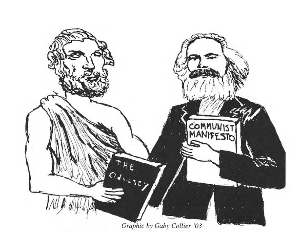 An illustration of Homer in a tunic holding The Odyssey next to Karl Marx holding The Communist Manifesto.