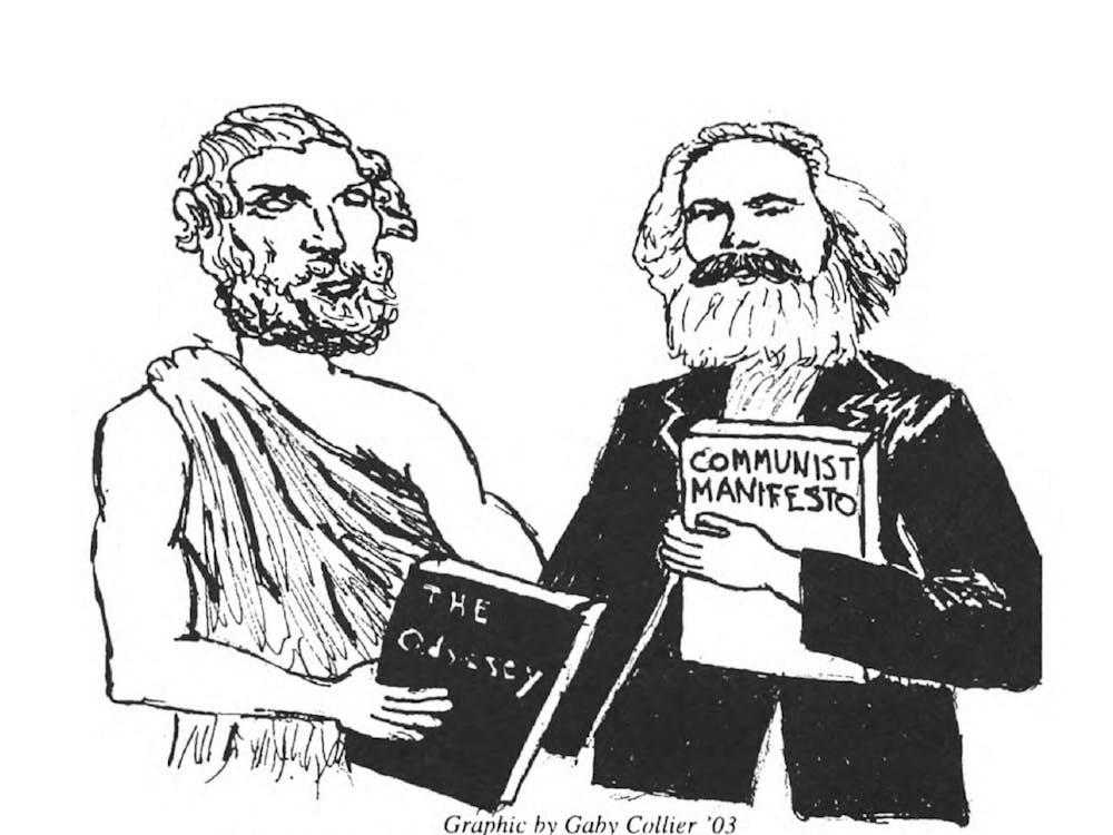 An illustration of Homer in a tunic holding The Odyssey next to Karl Marx holding The Communist Manifesto.