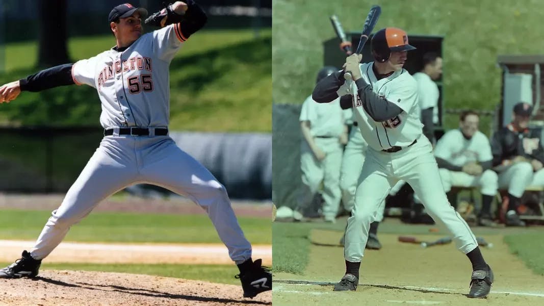 A tall man in a baseball uniform pitching in the left image, while a man wearing a white uniform is on the plate preparing to hit the ball in the right image. 