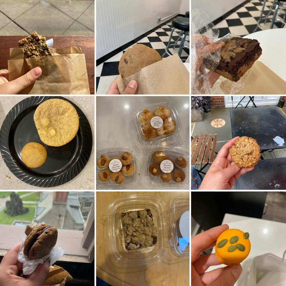 <h5>Gluten-free desserts from multiple locations in Princeton</h5>
<h5>TOP left to right: granola bar from Sakrid Coffee Roasters, cookie and brownie from Milk &amp; Cookies</h5>
<h5>MIDDLE left to right: cookies from Murray Dodge Cafe, desserts from Bread Boutique, cookie from Jammin’ Crepes</h5>
<h5>BOTTOM left to right: cookie and chocolate chip dessert from Small World Coffee, macaron from Chez Alice</h5>
<h6>Sydney Eck / The Daily Princetonian</h6>