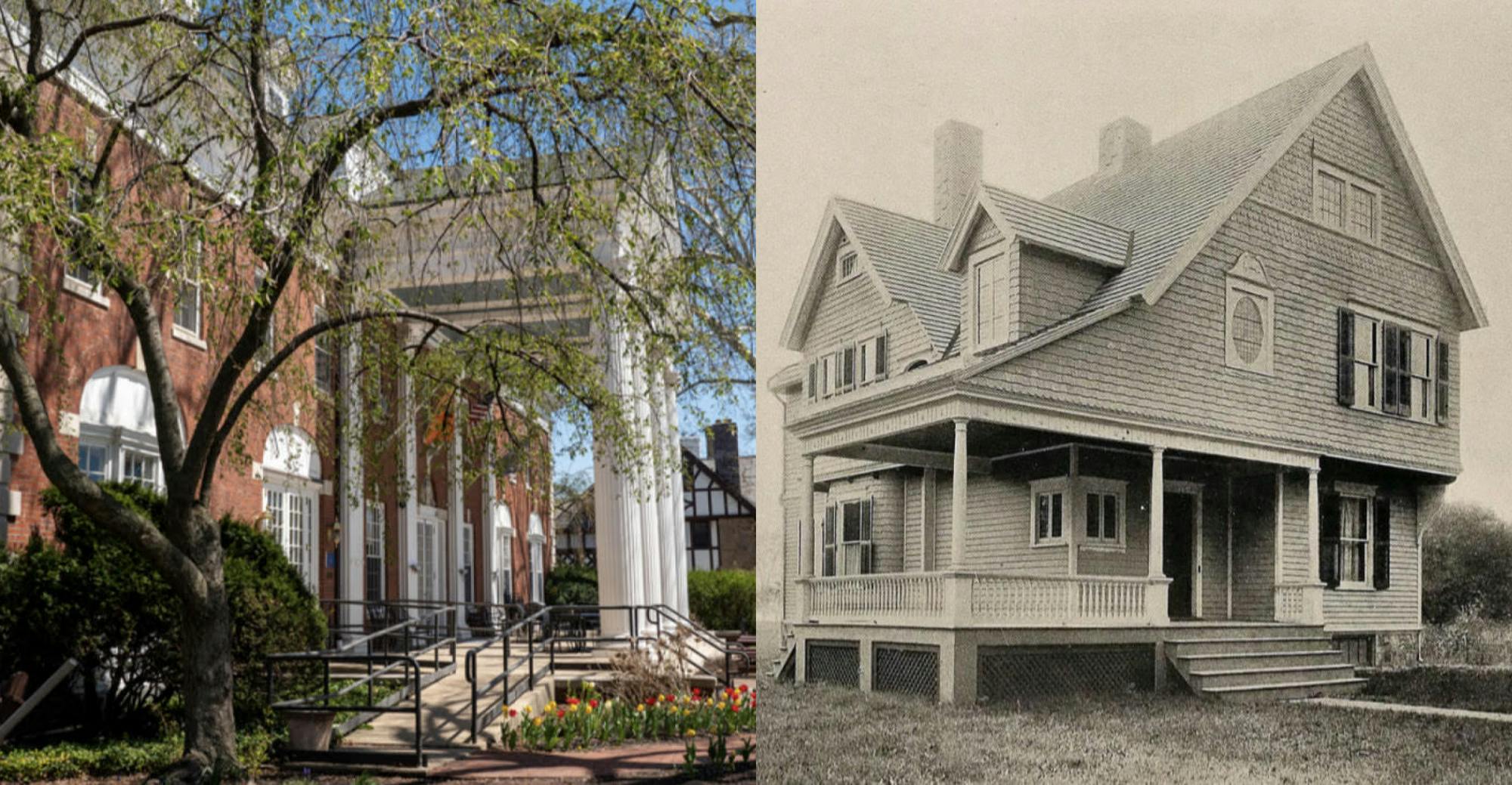 On the left side, there is a red brick building with four white columns. On the right side, there is a black-and-white photo of a building with a porch and four stairs leading to the front door.