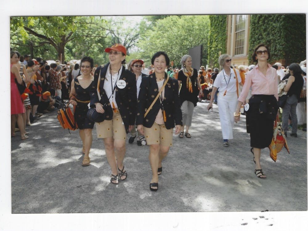 At the Class of 1970’s 45th Reunions, Princeton’s eight first surviving female graduates returned to Princeton for the first time since graduation and marched in the P-Rade. Left to right: Mary Yee, Agneta Riber, Lynn Nagasako, Mae Wong Miller, Priscilla Read, Susan Craig Scott, and Judith-Ann Corrente.
Courtesy of Mae Miller ’70