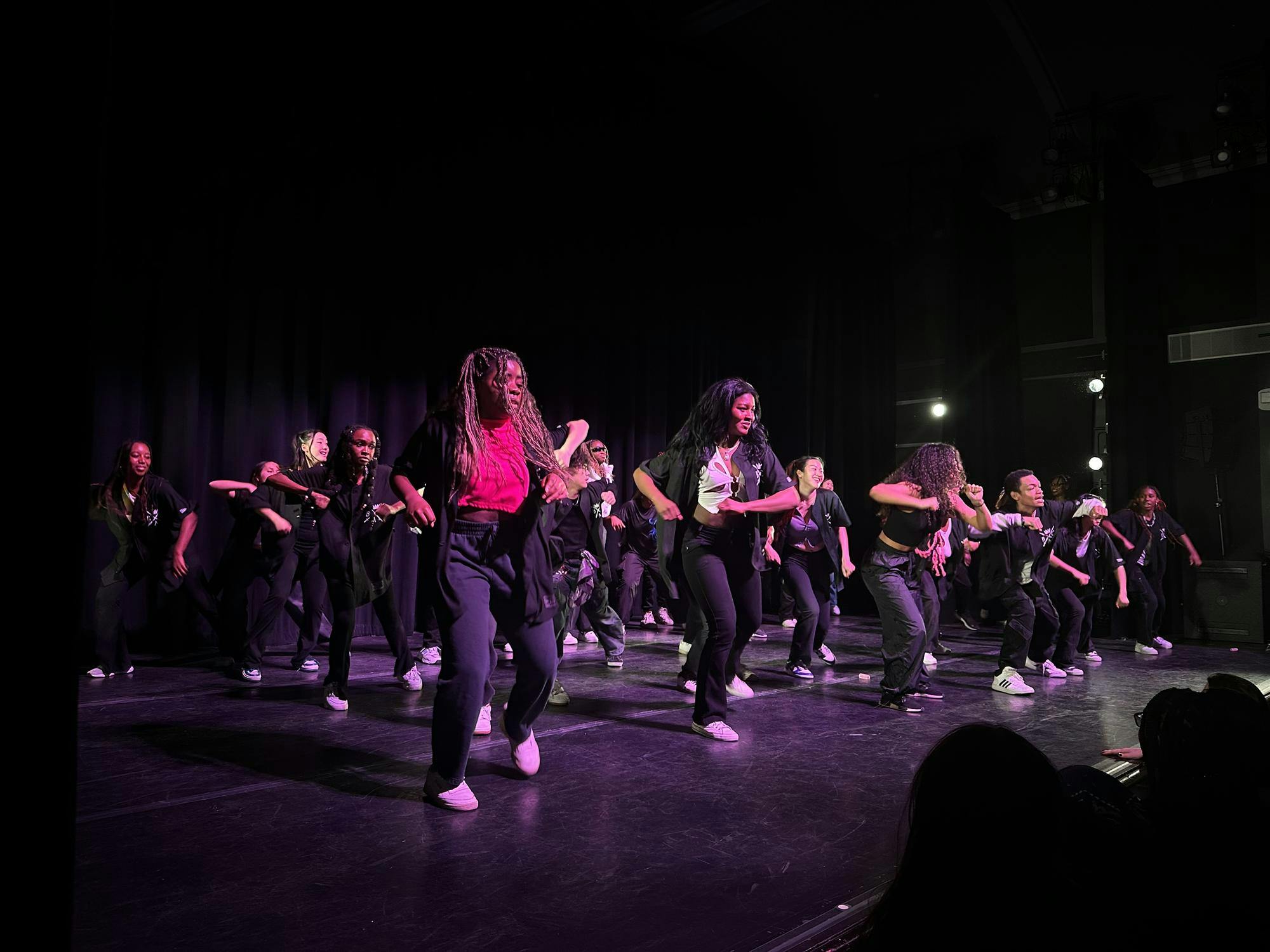 A group of dancers do a synchronized step on stage.  