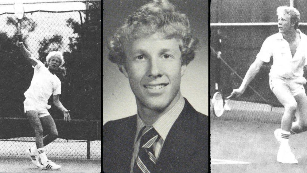 There is a collage of three photos. The photos on the left and right both contain a man with a tennis racket wearing a white outfit. The same man is in the centre photo, facing the camera and wearing a black jacket and tie.