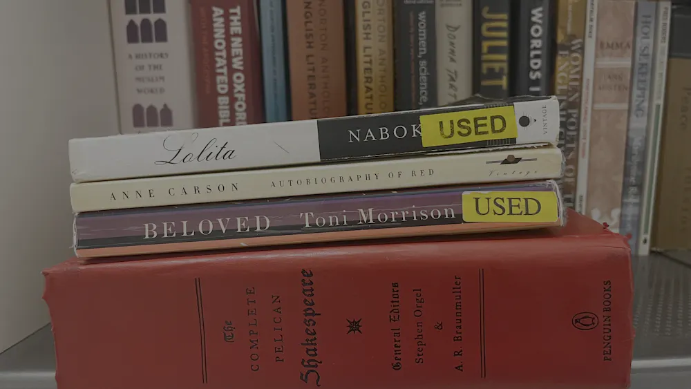 Four books are facing spine-outward on the top shelf of a white bookshelf.