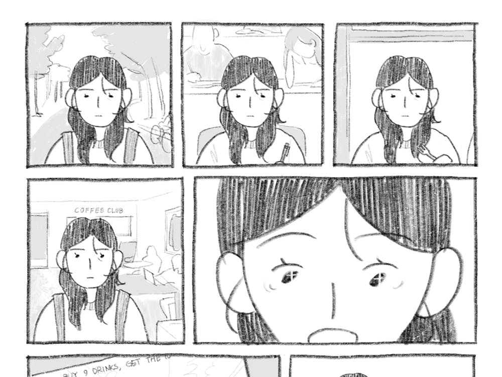 A girl is shown going about her day with the same tired and apathetic expression. In the fourth panel, the girl makes a pleasantly surprised expression as she finds she’s completed her Coffee Club punch card! She walks away with a free coffee feeling like she has won in life. 