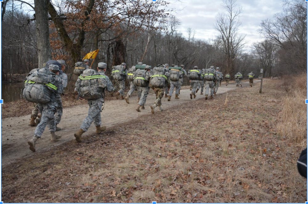 ROTC cadets on their ruck march. 