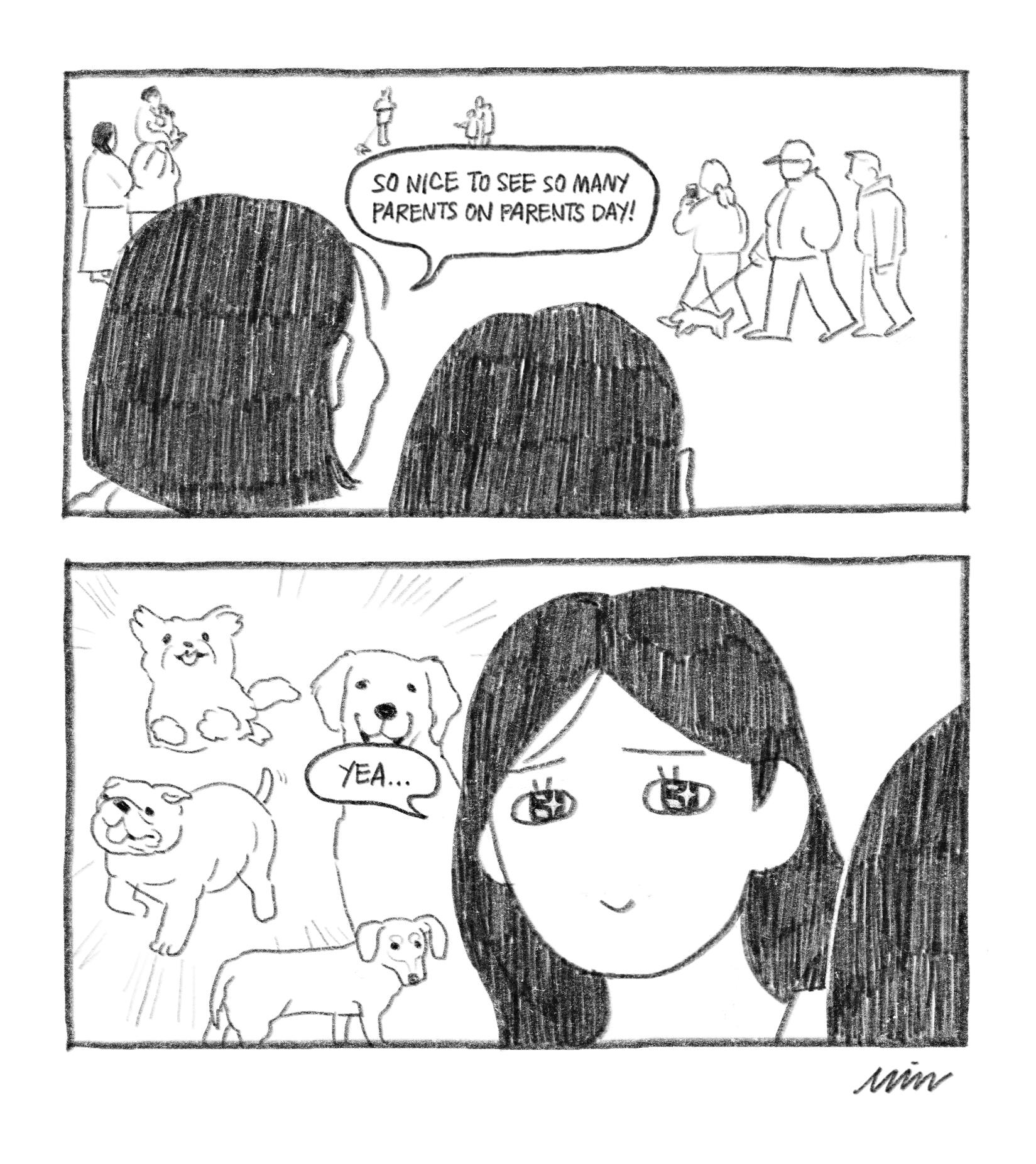 Two friends are walking together on the street where there are three families walking. The families are facing a man with a dog on a leash. One friend comments that it's nice to see so many parents, but the other friend is fixated on all the cute dogs. 