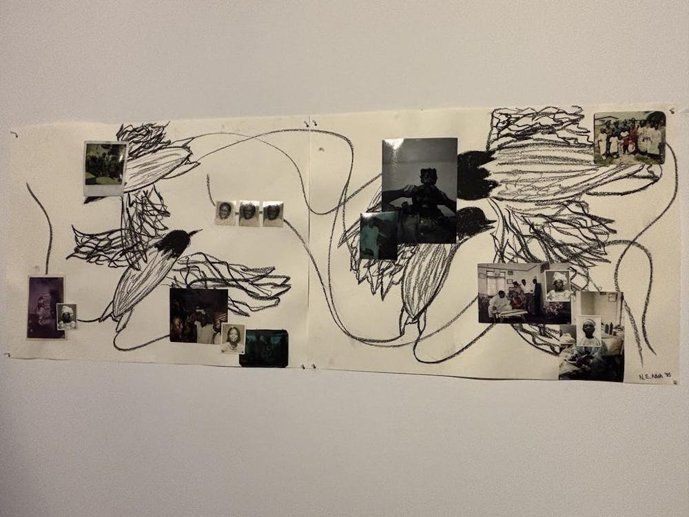 An artwork in which black and white photos are collaged on top of black drawings