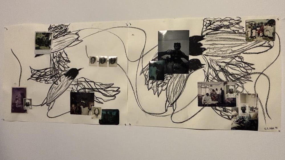 An artwork in which black and white photos are collaged on top of black drawings